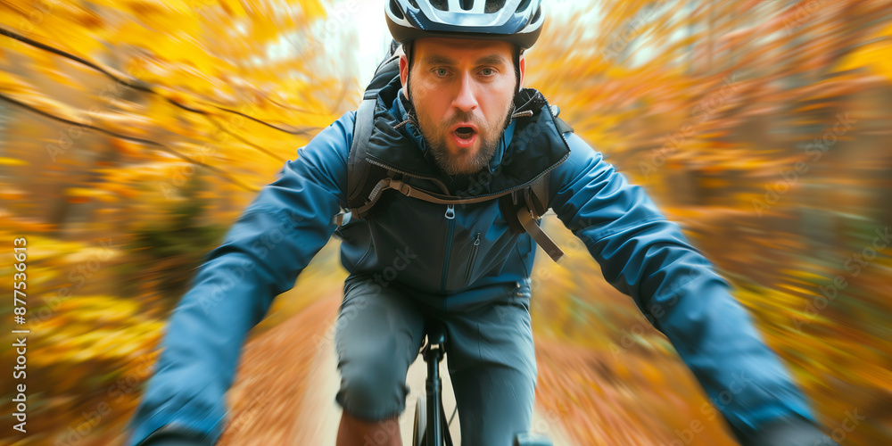 A man riding a bicycle in autumn park with beautiful yellow foliage. Cycling in fall. Motion blur. A man riding a bicycle in autumn park with beautiful yellow foliage. Cycling in fall. Motion blur.