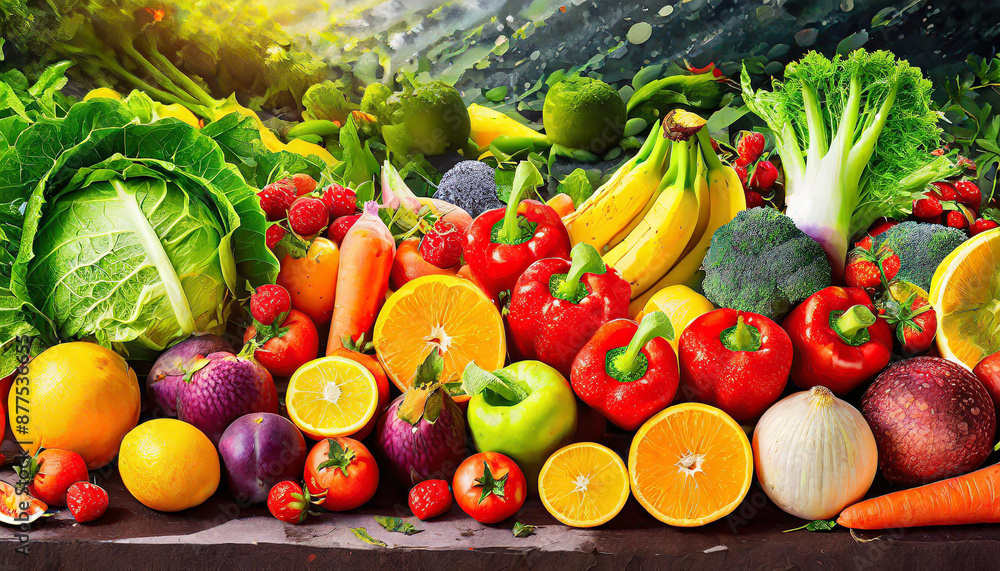 Healthy summer fruits vegetables berries background, cherries peaches strawberries cabbage broccoli cauliflower squash tomatoes carrots spring onions beans beetroot, pepper, top view, selective focus Healthy summer fruits vegetables berries background, cherries peaches strawberries cabbage broccoli cauliflower squash tomatoes carrots spring onions beans beetroot, pepper, top view, selective focus