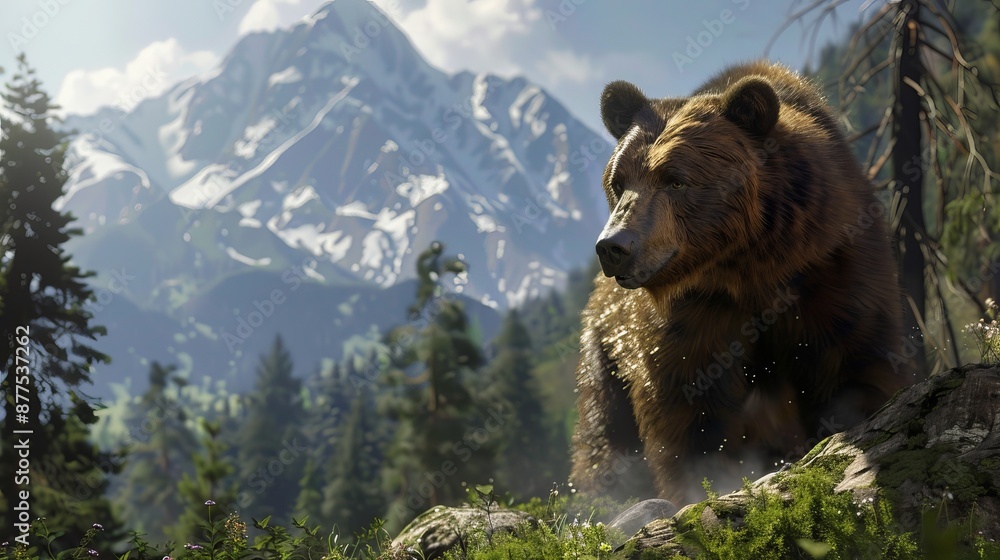 Mountains in the background with a brown bear. Mountains in the background with a brown bear.
