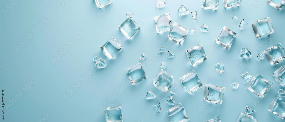 Scattered ice cubes on a light blue surface, glistening and catching the light, creating a refreshing and cool atmosphere. Scattered ice cubes on a light blue surface, glistening and catching the light, creating a refreshing and cool atmosphere.