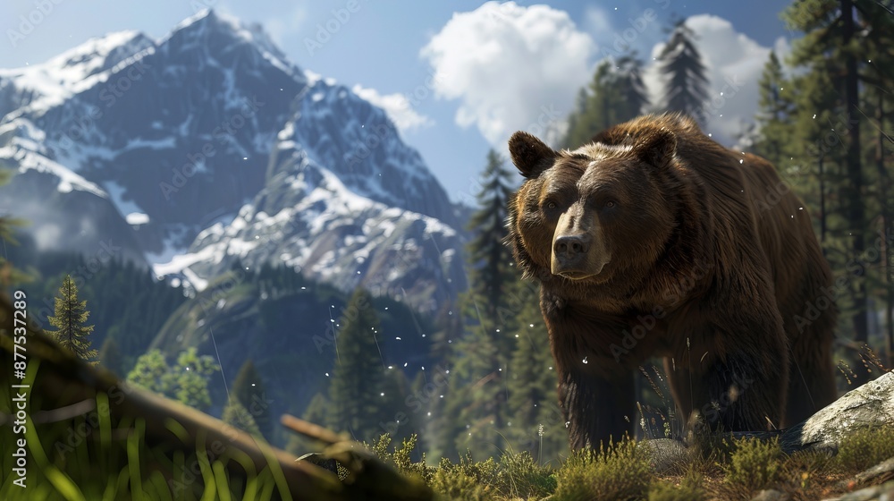 Mountains in the background with a brown bear. Mountains in the background with a brown bear.