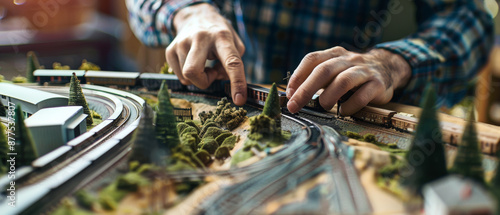 Hands meticulously arranging a model train set, capturing the essence of hobby, craftsmanship, and miniature railroads in a detailed and lifelike scene.