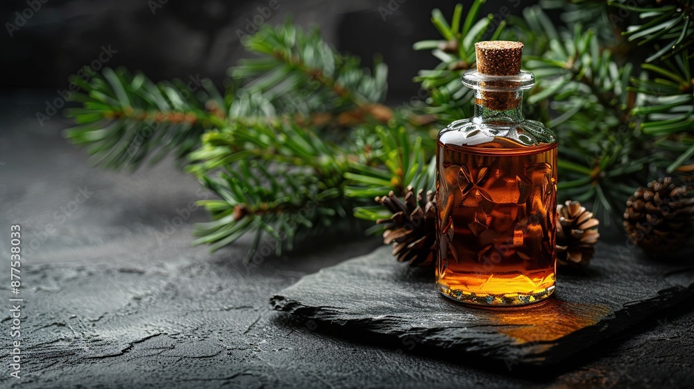 Pine Essential Oil in Glass Bottle with Fir Branches Pine Essential Oil in Glass Bottle with Fir Branches