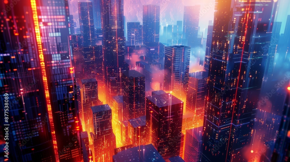 Fototapeta premium A cityscape with buildings lit up in red and blue