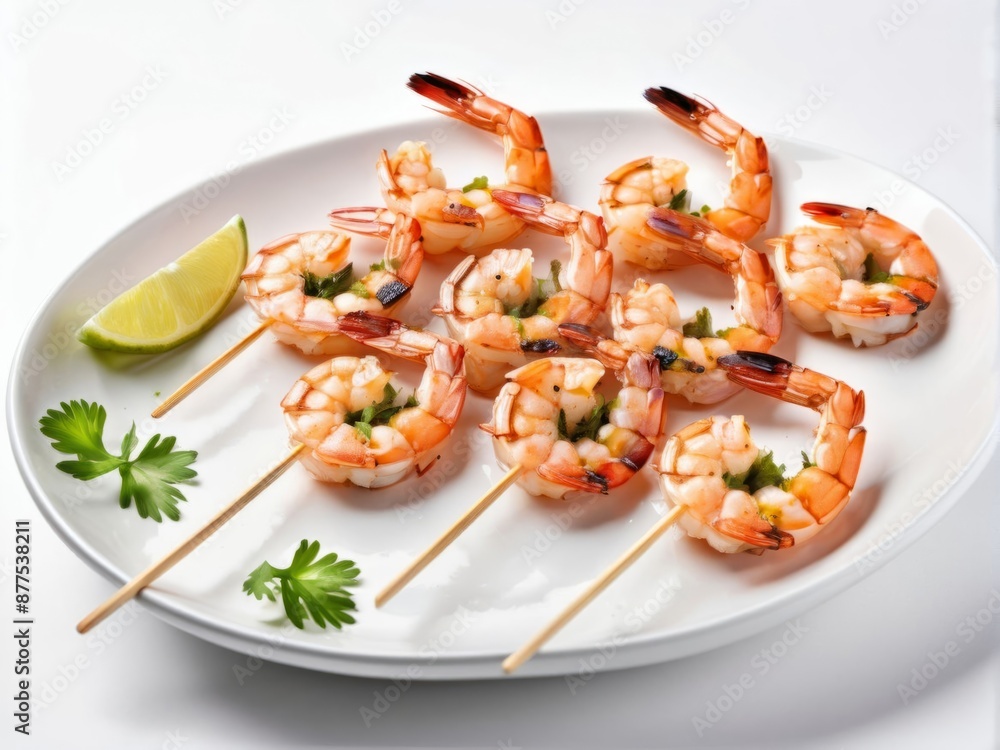 Appetizing grilled shrimp skewers seasoned with herbs on a white background. The seafood is cooked to perfection, creating an exquisite culinary presentation. Created by AI. Appetizing grilled shrimp skewers seasoned with herbs on a white background. The seafood is cooked to perfection, creating an exquisite culinary presentation. Created by AI.