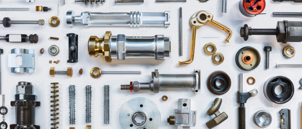 Precision-engineered mechanical components meticulously laid out on a white surface, emphasizing intricate design and industrial craftsmanship. Precision-engineered mechanical components meticulously laid out on a white surface, emphasizing intricate design and industrial craftsmanship.