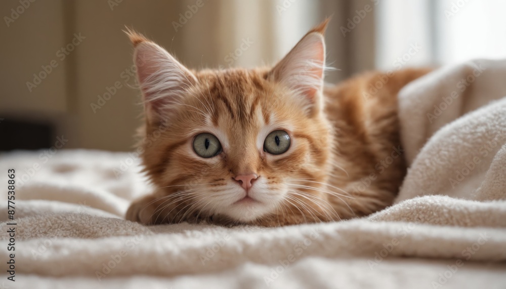 A soft, fluffy kitten peeking out from under a blanket near a window A soft, fluffy kitten peeking out from under a blanket near a window