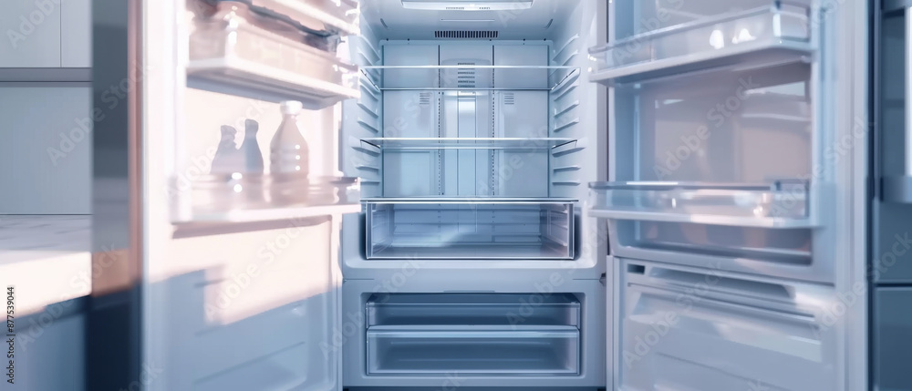 An empty, pristine refrigerator with organized shelves and bright lighting, evoking a sense of cleanliness and readiness for food storage. An empty, pristine refrigerator with organized shelves and bright lighting, evoking a sense of cleanliness and readiness for food storage.