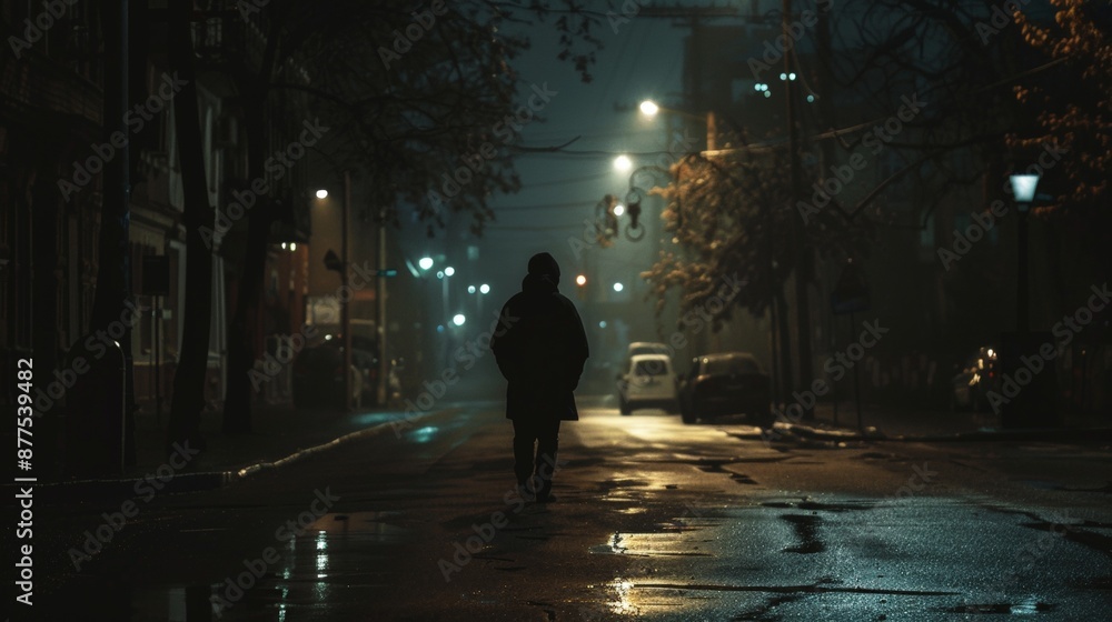 Mysterious figure masked, strolling deserted city street at night, evoking intrigue and suspense. Mysterious figure masked, strolling deserted city street at night, evoking intrigue and suspense.