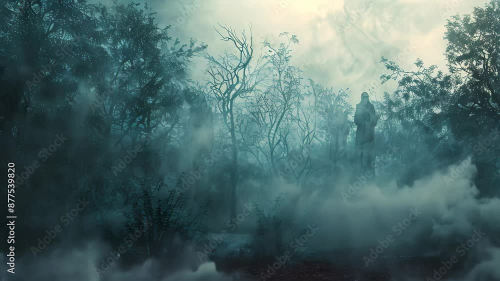 A forest with smoke rising from the trees due to a fire or natural occurrence, Ghosts floating through a misty forest A forest with smoke rising from the trees due to a fire or natural occurrence, Ghosts floating through a misty forest