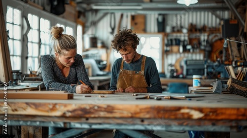 Two carpenters collaborate on a woodworking project in a well-equipped workshop.
