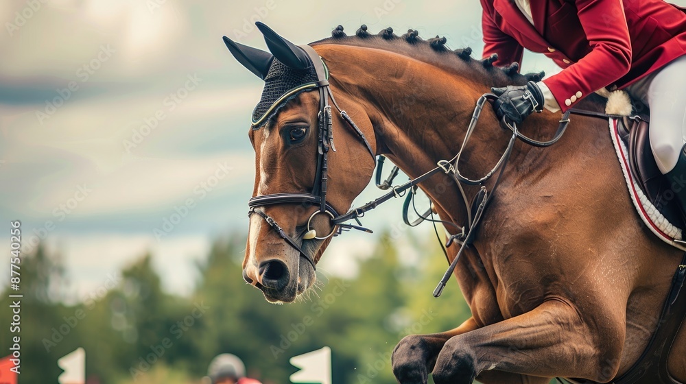 Fototapeta premium Horse and rider in uniform jump at a show in good weather