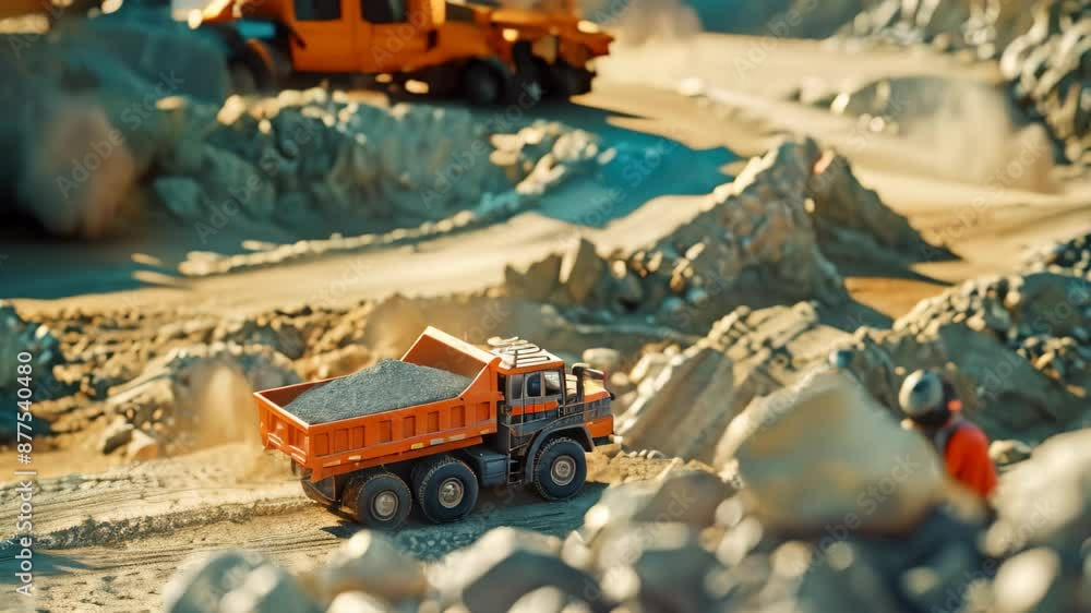 Group of toy trucks driving on a gravel road, simulating a construction site, Giant dump trucks unloading gravel and sand Group of toy trucks driving on a gravel road, simulating a construction site, Giant dump trucks unloading gravel and sand