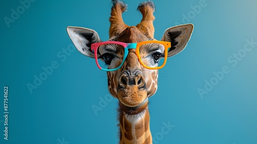 A funny giraffe with bright glasses and a chewing motion