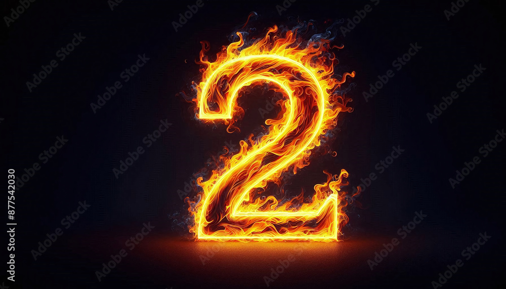 The number 2 is depicted in vibrant, glowing flames The number 2 is depicted in vibrant, glowing flames