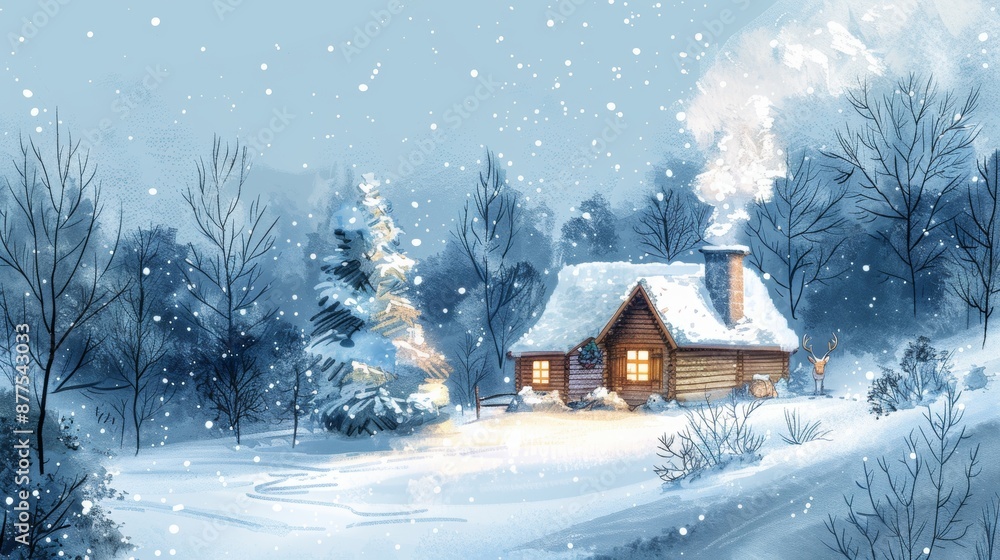 winter wonderland, enchanting sketch of a winter cabin in a snowy forest, chimney smoke rising, a reindeer peeking out, creating a heartwarming christmas scene winter wonderland, enchanting sketch of a winter cabin in a snowy forest, chimney smoke rising, a reindeer peeking out, creating a heartwarming christmas scene