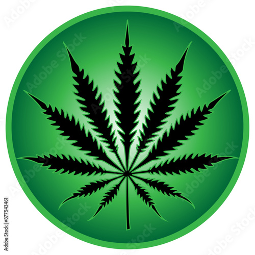 Black cannabis leaf in green circle logo symbol, green hemp leaf vector emblem