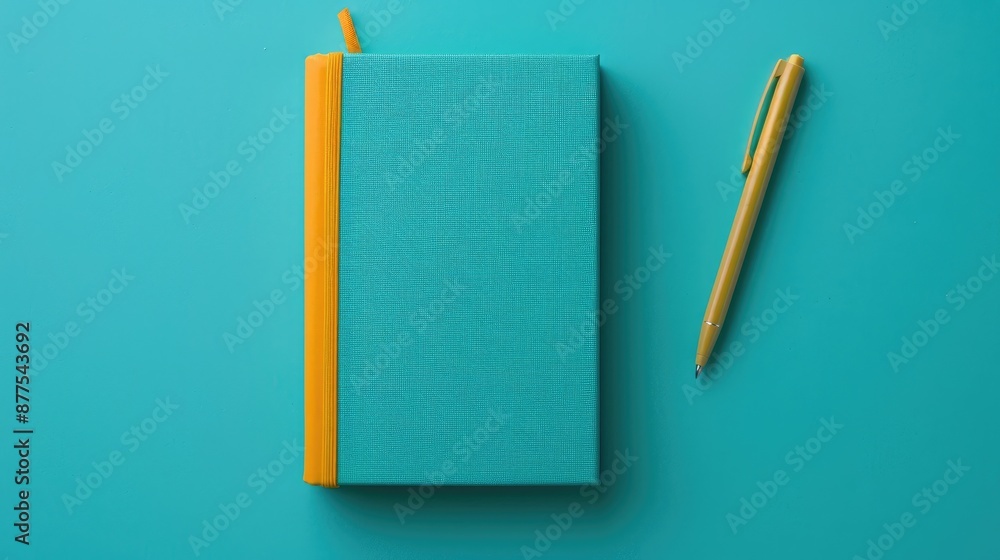 Minimalist flat lay image of closed diary and yellow pen on turquoise background Minimalist flat lay image of closed diary and yellow pen on turquoise background