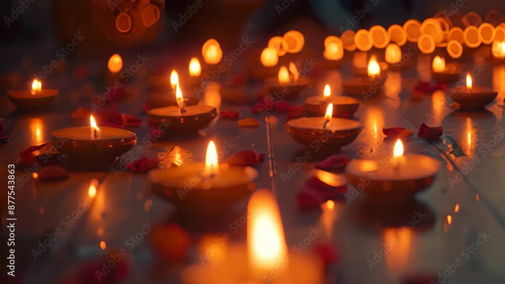 Several glowing diyas casting warm light on the wooden floor, Glowing diyas spreading a warm and welcoming light Several glowing diyas casting warm light on the wooden floor, Glowing diyas spreading a warm and welcoming light
