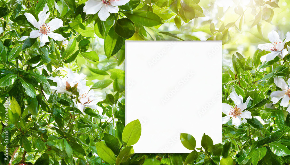 White billboard on spring summer green leaves background White billboard on spring summer green leaves background