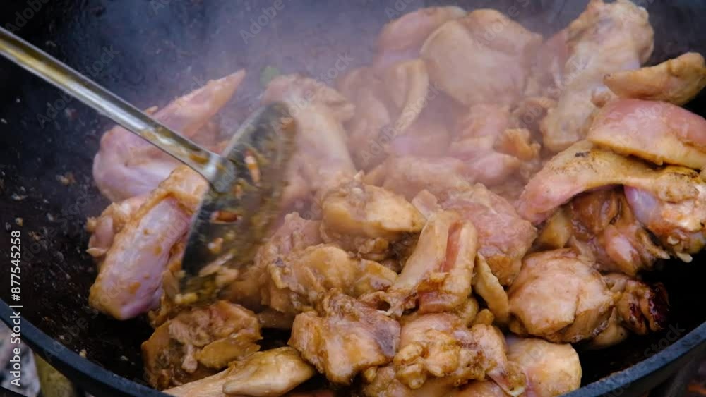 A dish on a fire in a cauldron. The meat is stewed in a cauldron. Chicken meat is stewed in a cauldron. Stewing meat in a cauldron A dish on a fire in a cauldron. The meat is stewed in a cauldron. Chicken meat is stewed in a cauldron. Stewing meat in a cauldron