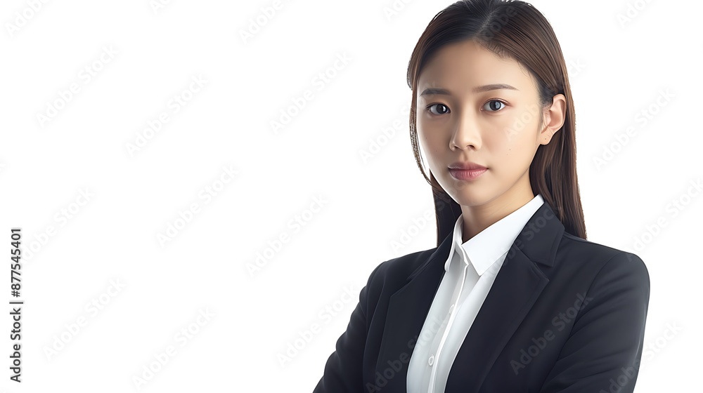 Young Asian woman, Korean makeup, straight hair, office suit, standing with confidence, white background. 32k, full ultra HD, high resolution Young Asian woman, Korean makeup, straight hair, office suit, standing with confidence, white background. 32k, full ultra HD, high resolution