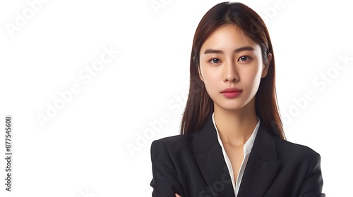 Young Asian woman, straight hair, Korean makeup, office suit, clean pose, isolated on white background. 32k, full ultra HD, high resolution