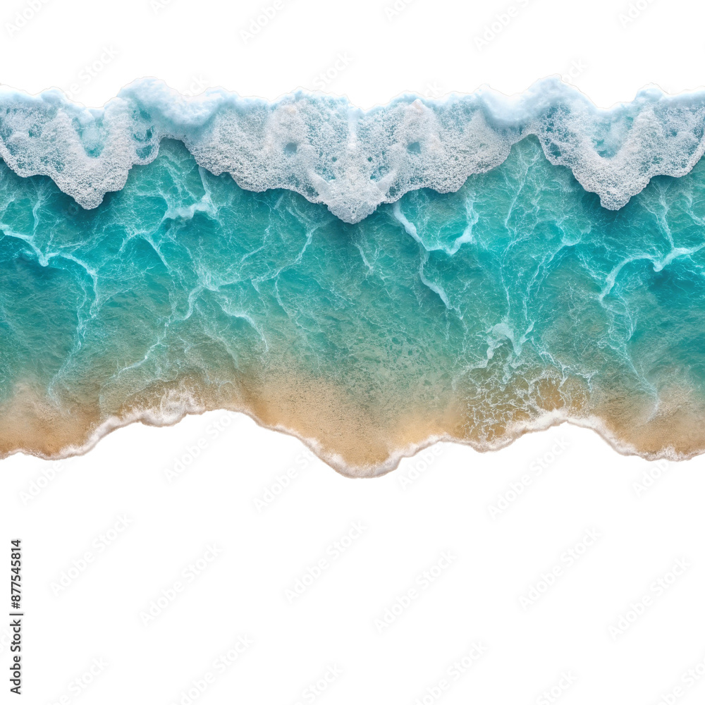 Aerial View of Turquoise Ocean Waves and Beach Sand Isolated on White Background, ocean, wave, beach, summer Aerial View of Turquoise Ocean Waves and Beach Sand Isolated on White Background, ocean, wave, beach, summer