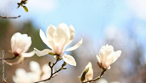 White Star Magnolia Stellata Blossoms in Early Spring Against a Sunny Blue Sky