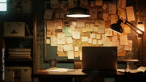 Crime evidence board with investigation process map lit with desk lamp in private investigator room. Police detective gathered information hanging on wall and table with laptop in office 