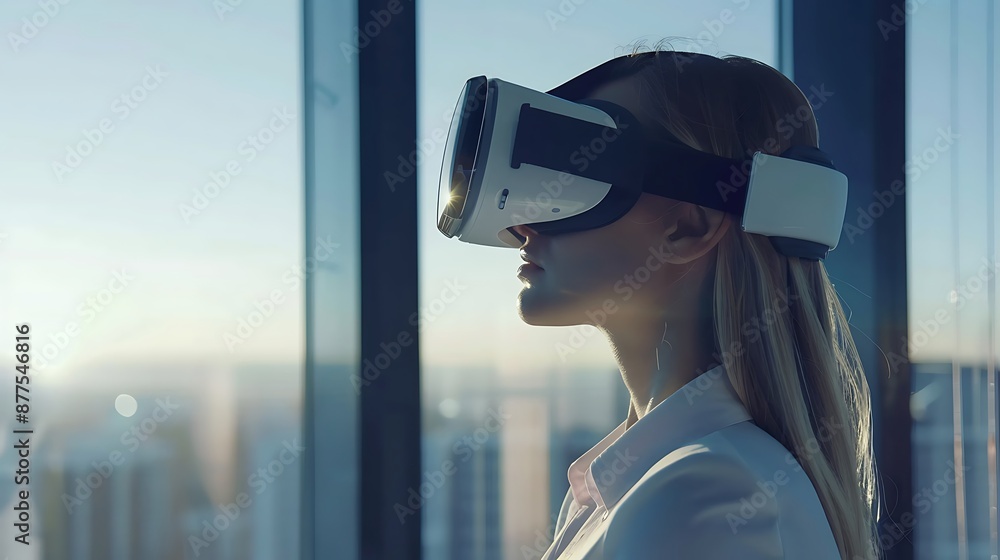 Young woman using virtual reality headset against panoramic window overlooking city Young woman using virtual reality headset against panoramic window overlooking city