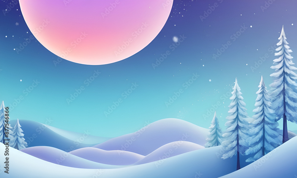 Naklejka premium Winter landscape in pastel shades, winter scene with the moon
