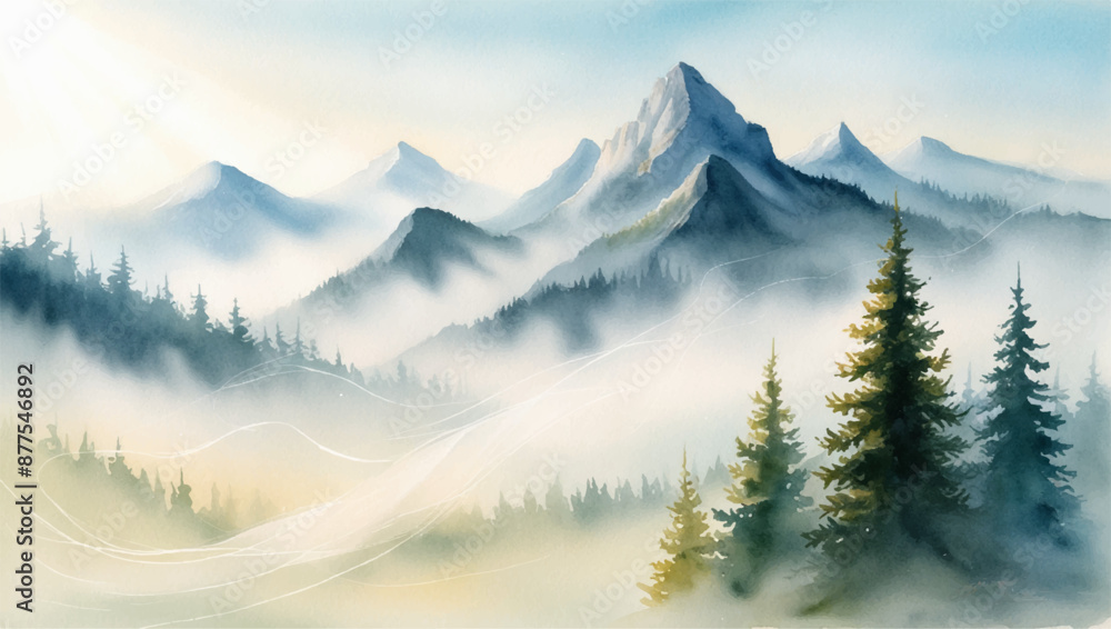 Fototapeta premium Serene Mountain Landscape with Morning Fog in Soft Oil Paints
