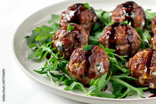 Delicious Date and Blue Cheese Stuffed Meatballs on Arugula with Balsamic Glaze