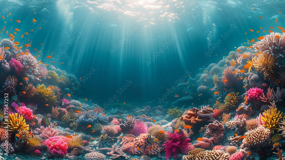 Fototapeta premium Schooling fish and vibrant corals in an underwater photo