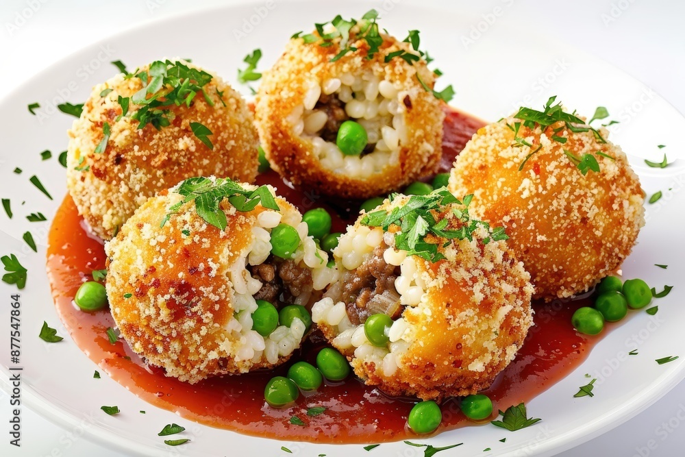 Delicious Italian Arancini: Crispy Rice Balls with Peas, Onion, and Aromatic Sauce Delicious Italian Arancini: Crispy Rice Balls with Peas, Onion, and Aromatic Sauce