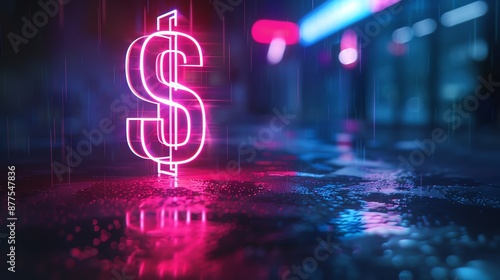 Neon dollar sign glowing on wet pavement in urban setting, showcasing modern financial and business concepts under rainy night atmosphere.