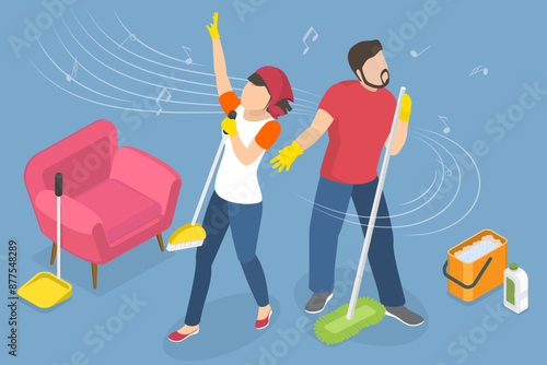 3D Isometric Flat Vector Illustration of Joyful Couple Tidying Their Home, Cleaning House and Dancing to Music Beats