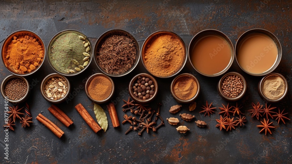 spice infusion, an array of rich spices with cardamom, cinnamon, and cloves next to a pot of brewing masala chai, a soul-warming traditional indian drink spice infusion, an array of rich spices with cardamom, cinnamon, and cloves next to a pot of brewing masala chai, a soul-warming traditional indian drink