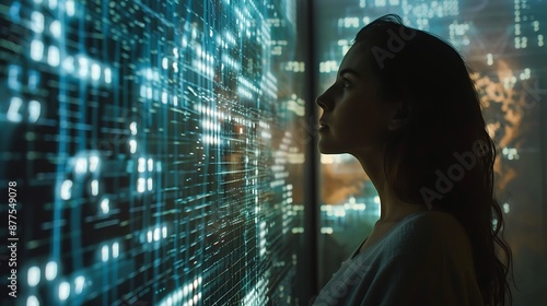 A woman is looking at a computer screen with a lot of numbers and letters