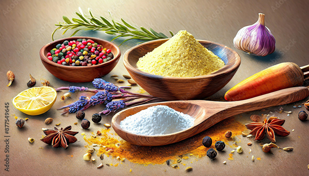 Rustic Kitchen: Wooden Spoon and Ingredients Rustic Kitchen: Wooden Spoon and Ingredients