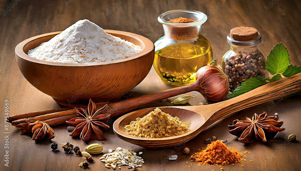 Rustic Kitchen: Wooden Spoon and Ingredients Rustic Kitchen: Wooden Spoon and Ingredients
