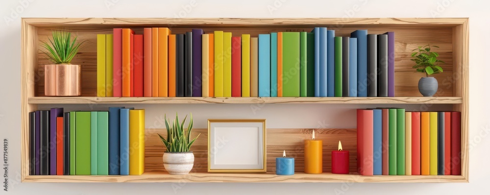 Colorful book arrangement with plants and candles on wooden shelves. Warm, inviting mood perfect for a home library setting Colorful book arrangement with plants and candles on wooden shelves. Warm, inviting mood perfect for a home library setting