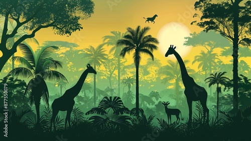 Fototapeta Naklejka Na Ścianę i Meble -  A backdrop of jungle and wildlife featuring silhouettes of a giraffe and other animals.