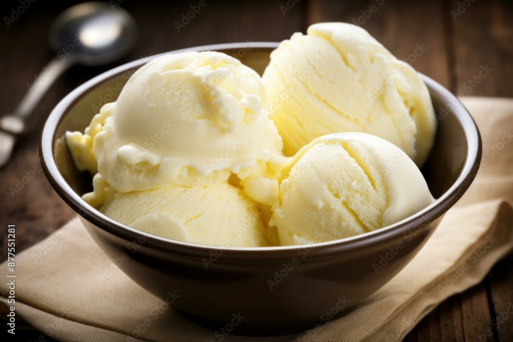 Luscious vanilla ice cream served in a rustic bowl, perfect for dessert menus Luscious vanilla ice cream served in a rustic bowl, perfect for dessert menus