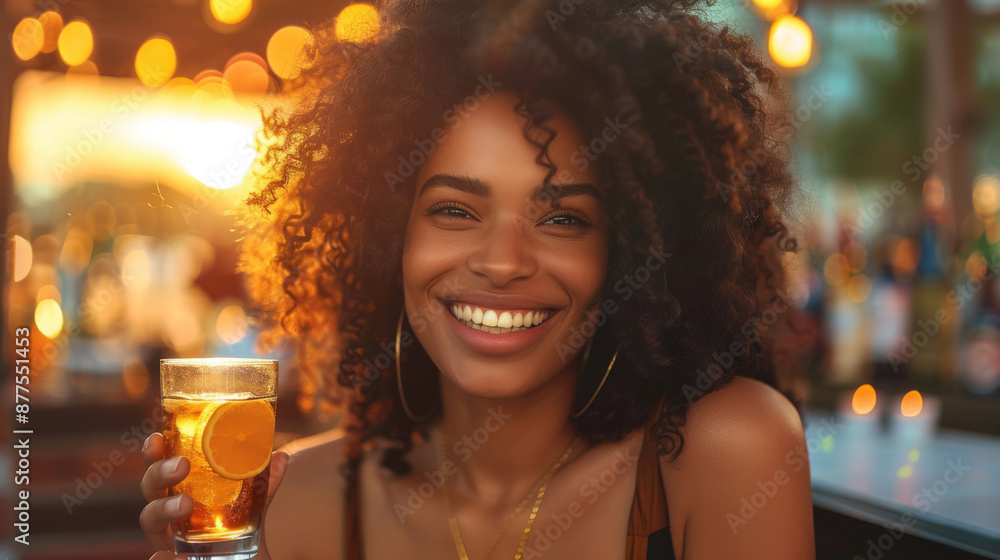 Happy African American Woman Enjoying a Refreshing Cocktail at Tropical Evening Party. Generative ai. Happy African American Woman Enjoying a Refreshing Cocktail at Tropical Evening Party. Generative ai.