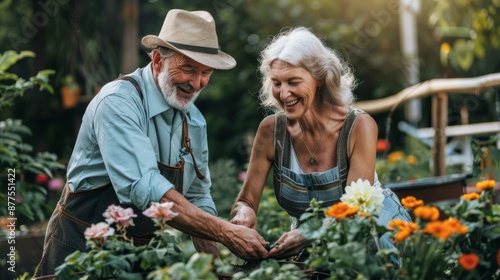 Wallpaper Mural Elderly Couple Gardening Together in Vibrant Flower Garden at Sunset. Generative ai. Torontodigital.ca