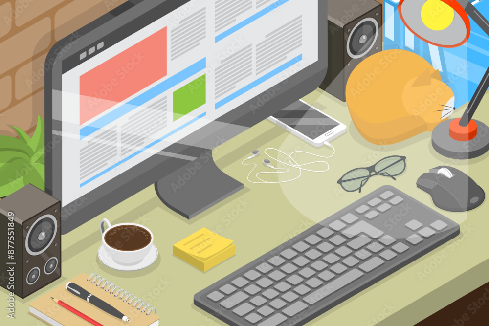 3D Isometric Flat Vector Illustration of Freelance Workplace, Working at Home Office Desk 3D Isometric Flat Vector Illustration of Freelance Workplace, Working at Home Office Desk