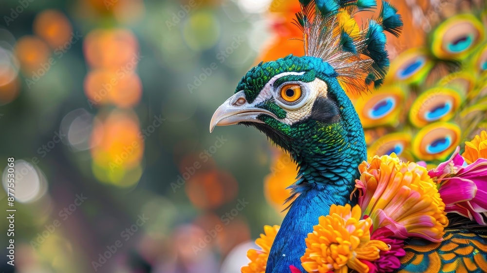 Obraz premium A close-up of a vibrant peacock with its colorful feathers and flowers around its neck