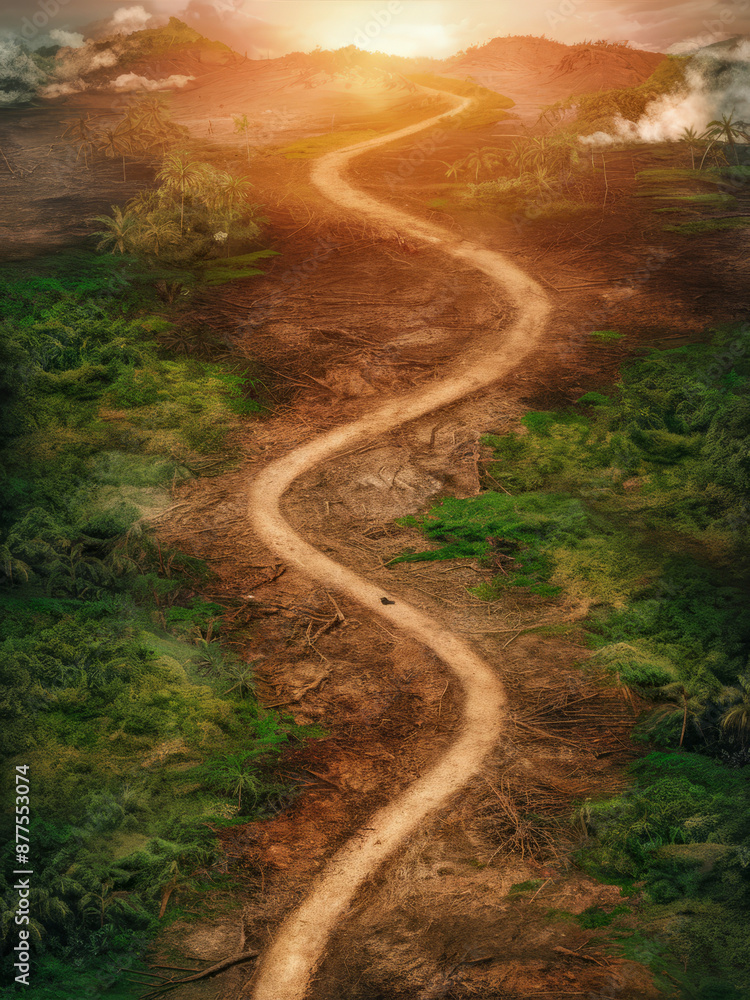 Fototapeta premium Aerial View of Deforestation in a Lush Landscape with a Winding Dirt Road